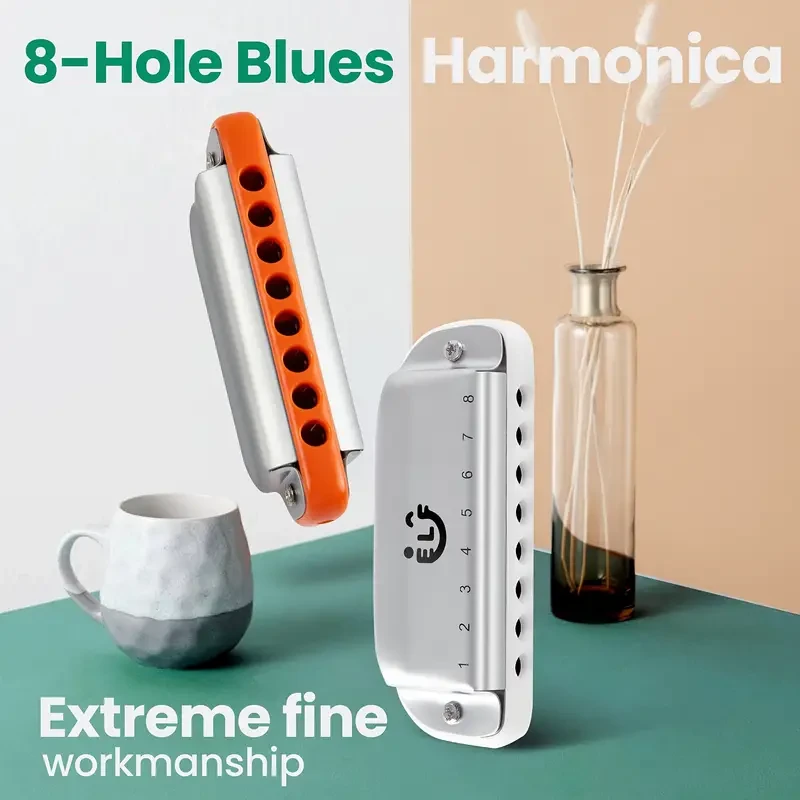 8-Hole Blues Harmonica Conjurer  Metal Blues Harp with Orange Accents (White)