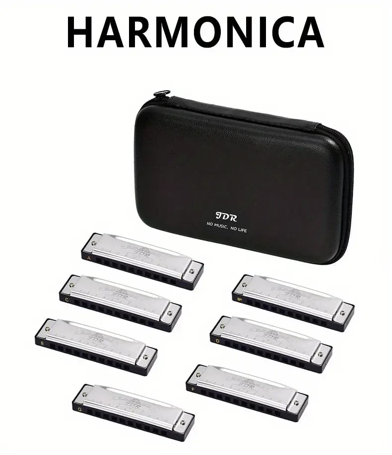 JDR 7-Piece Blues Harmonica Set  Keys C, D, E, F, G, A, Bb (10-Hole, 20-Tone) with High-End PU Protective Case