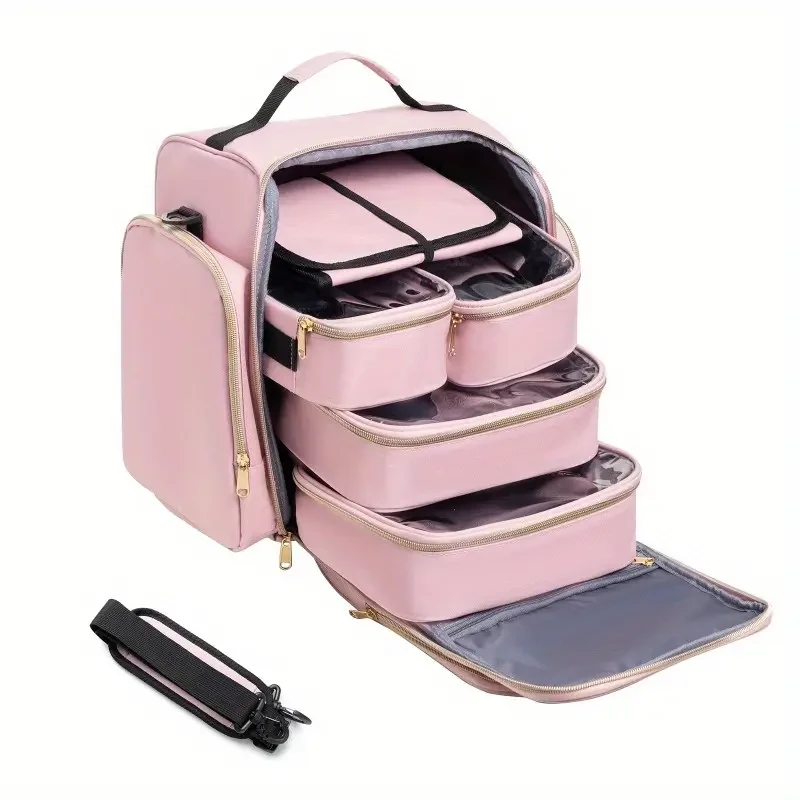 Thousand Fish Large Travel Makeup Bag Organizer  Pink & Black, 4 Removable Cases + Jewellery Roll