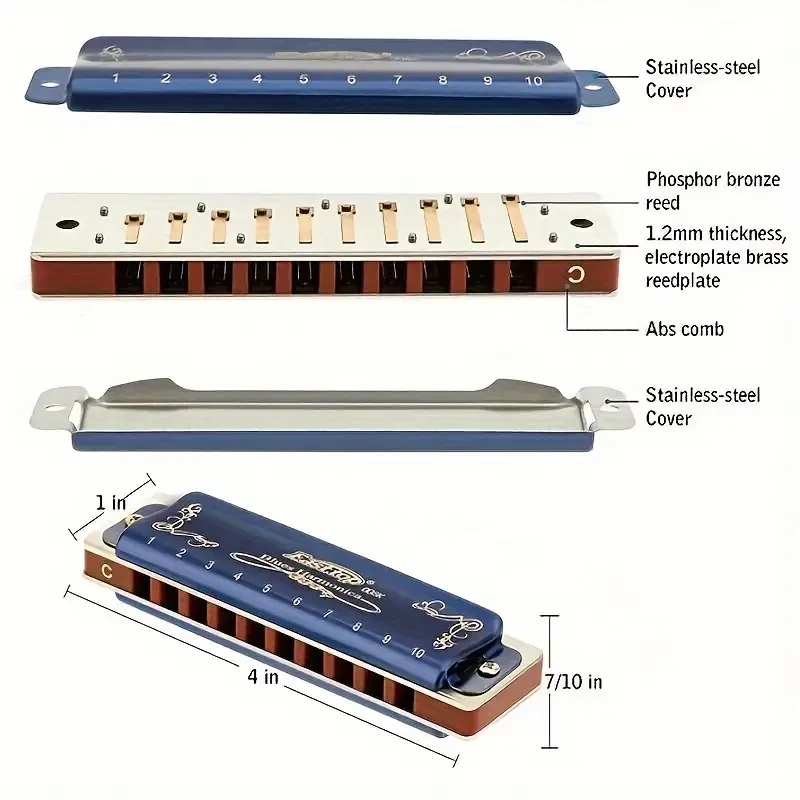 East Top Diatonic Blues Harmonica  10-Hole, Key of C (Polished Metal, Blue) with Protective Case
