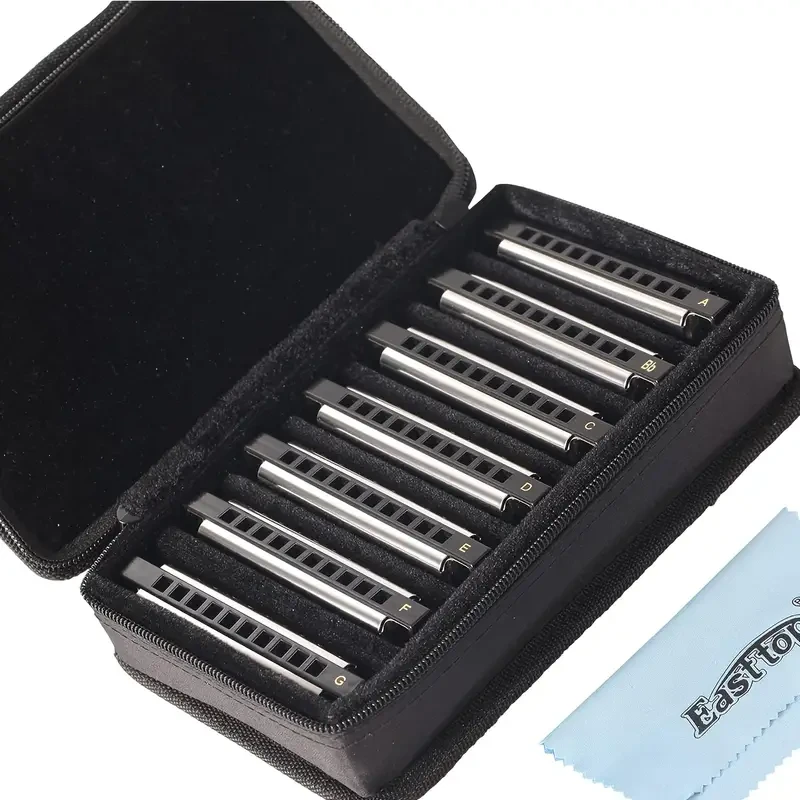 EAST TOP 7-Piece Diatonic Blues Harmonica Set  10-Hole, Colour-Coded, Polished Metal, With Carry Bag (Adults/Pros/Gifting)