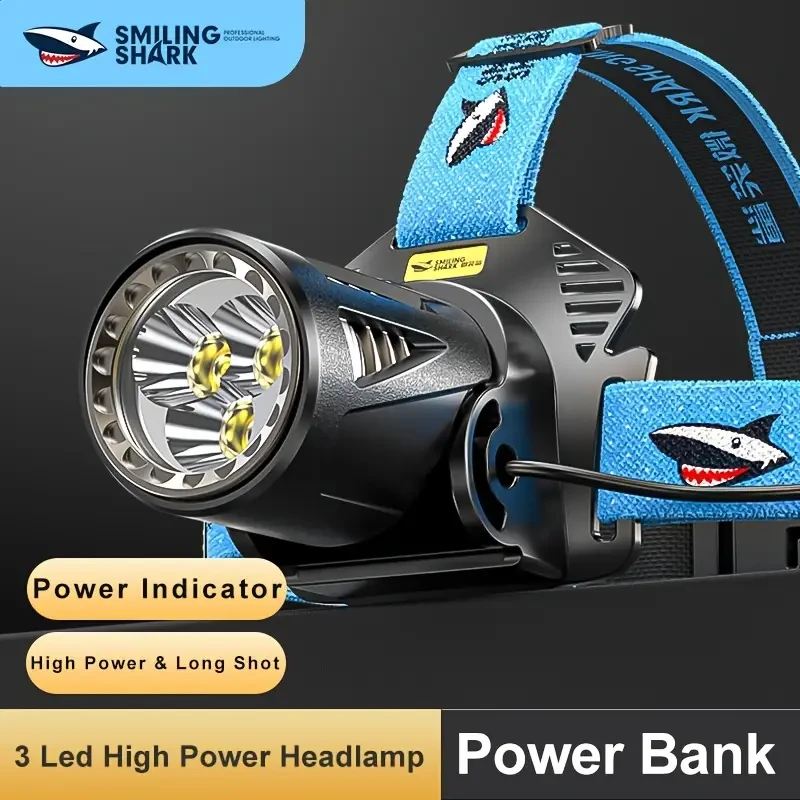 SMILING SHARK TD2003 Ultra-Bright LED Headlamp  Type-C Rechargeable, 3 M90 LEDs, Red Warning Light (ABS, USB Cable Included)