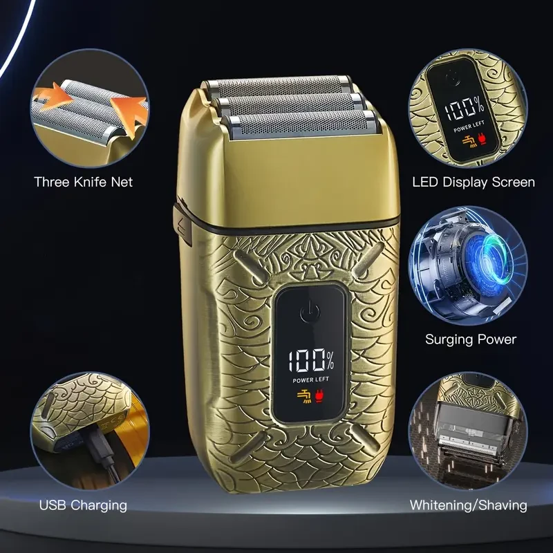 HATTEKER Mens Electric Shaver  3-Blade Floating Foil, LED Display, USB-Rechargeable (1400 mAh)