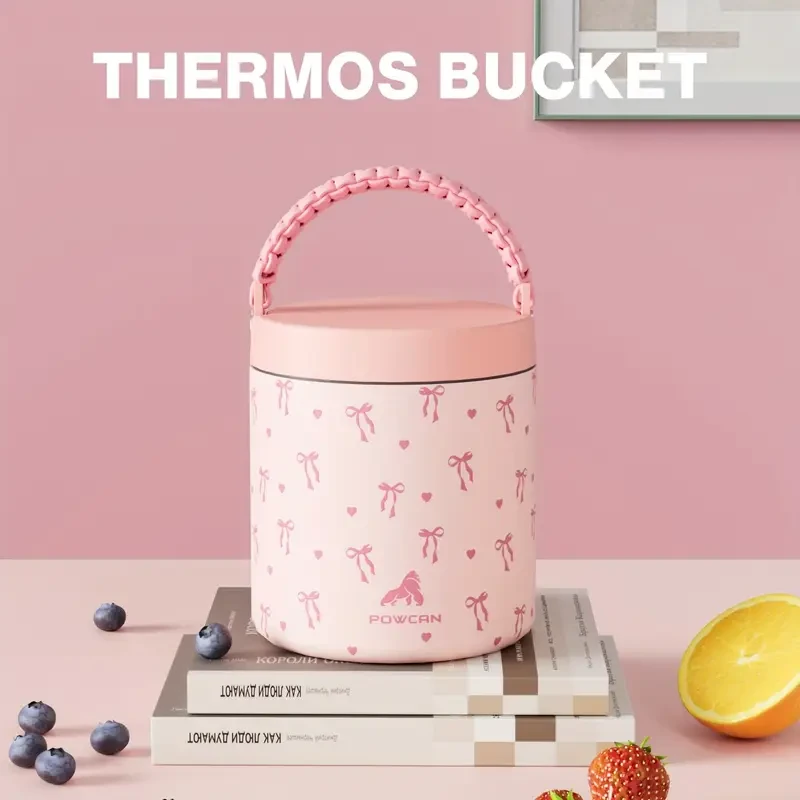 POWCAN 25oz Thermal Insulated Food Jar Pink Bow, Leakproof Vacuum Flask (304 Stainless Steel)