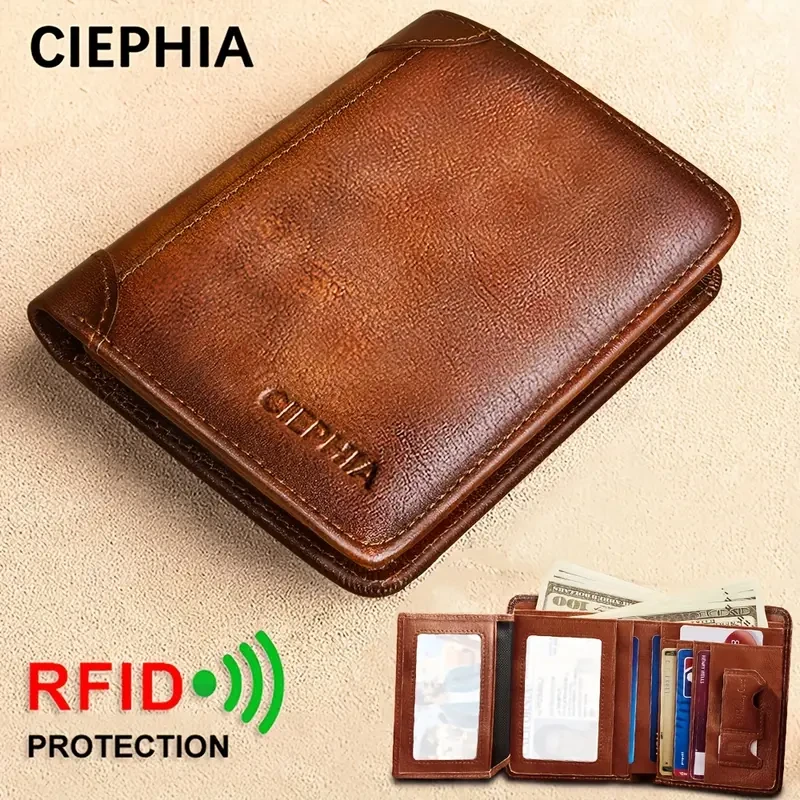 CIEPHIA Slim RFID Card Holder  Top-Grain Leather, Vintage Dark Brown (Mens Minimalist Wallet with ID Window) Compact, secure, and built to la