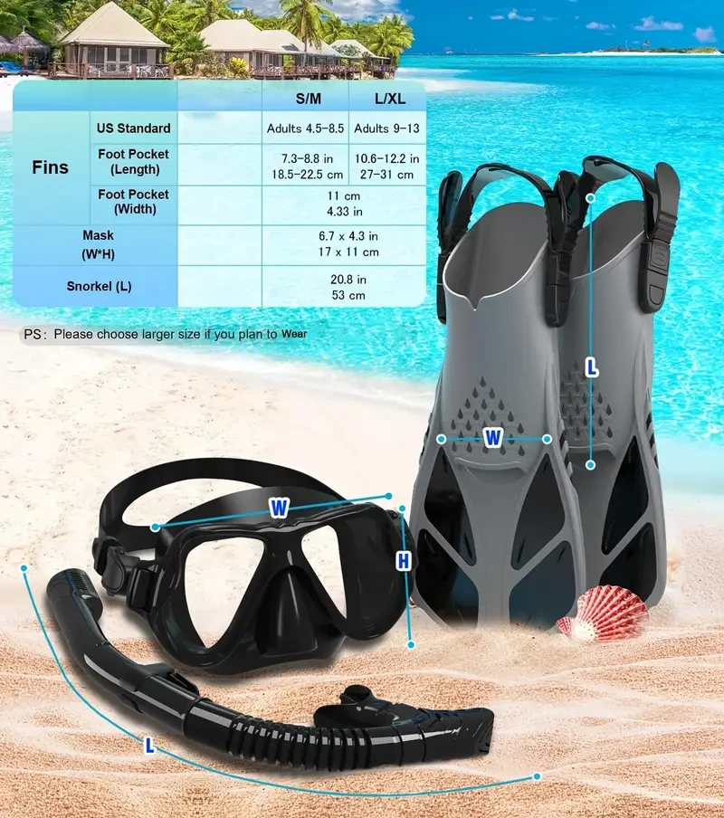 QINGSONG Snorkeling Mask, Fins & Snorkel Set  Panoramic View, Anti-Fog, Dry Top, Travel-Ready