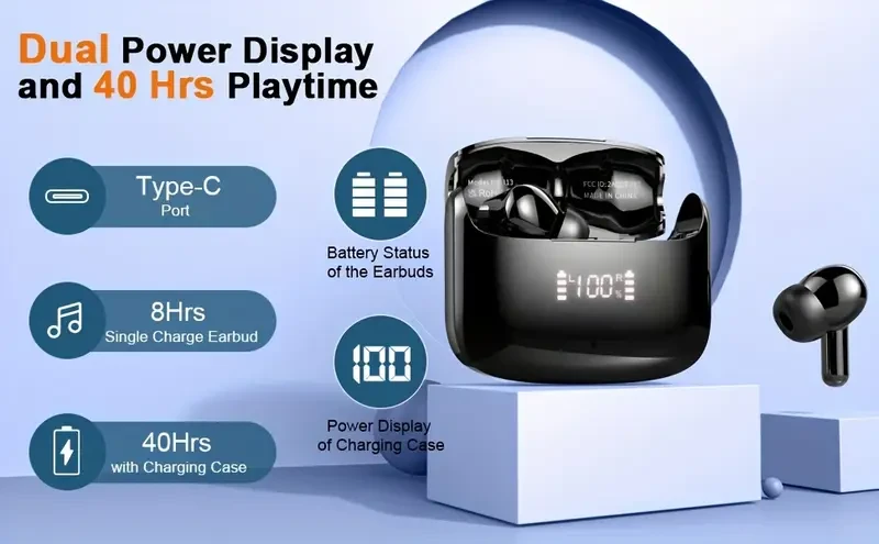 LIFEBEE Wireless Earbuds  5.3 Stereo, 40H Playtime, Dual-Mic Calls, USB-C, LED Case