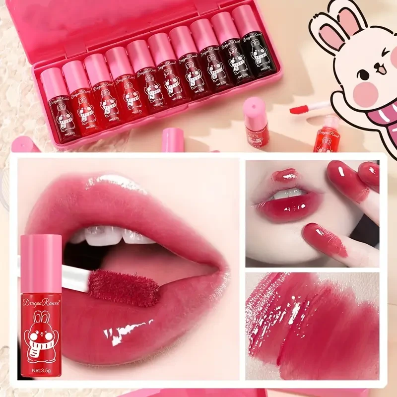 Dragon Ranee Mirror Lip Tint Set  10 PCS Glossy, Moisturizing, and Non-Sticky