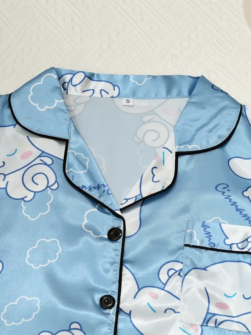 Sanrio Womens Cartoon Pajama Set  Big-Eared Dog Short-Sleeve Satin Sleepwear