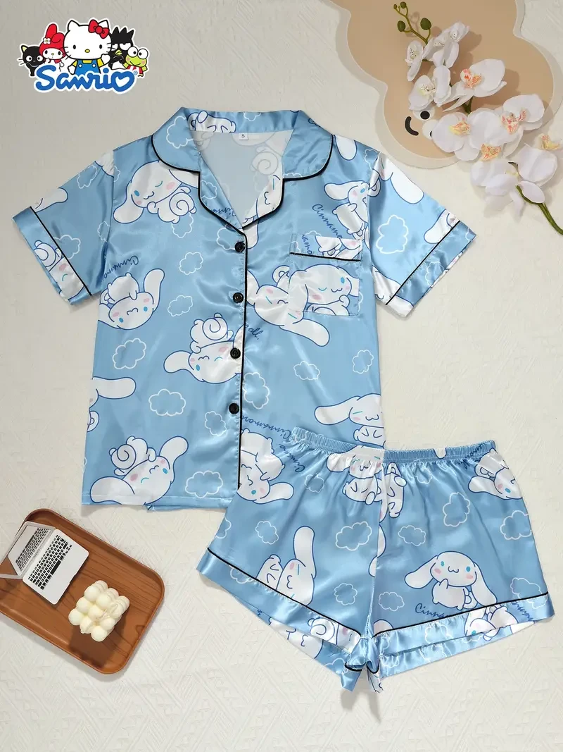 Sanrio Womens Cartoon Pajama Set  Big-Eared Dog Short-Sleeve Satin Sleepwear