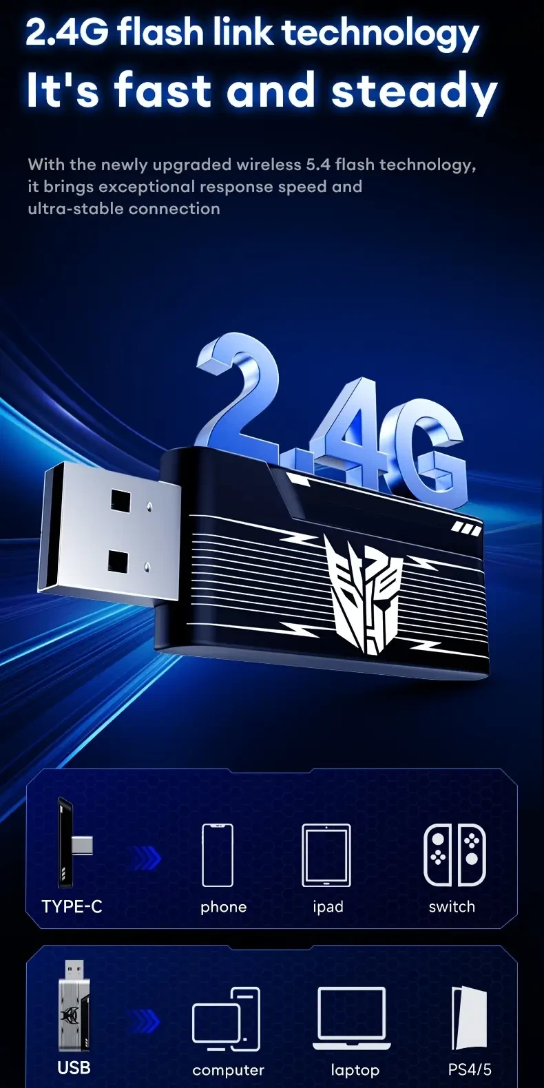 Transformers TF-G10 Gaming Headset  2.4G Wireless, 7.1 Surround & Long Battery Life