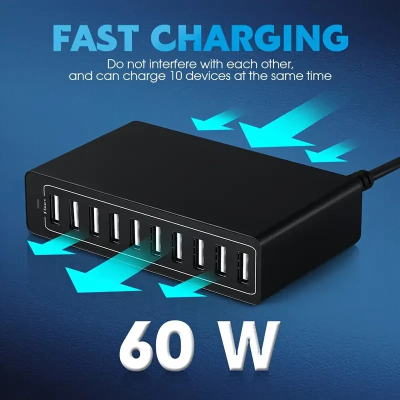 Gingersun 60W 10-Port USB Charging Station  Smart, Fast & Reliable Power for Every Device