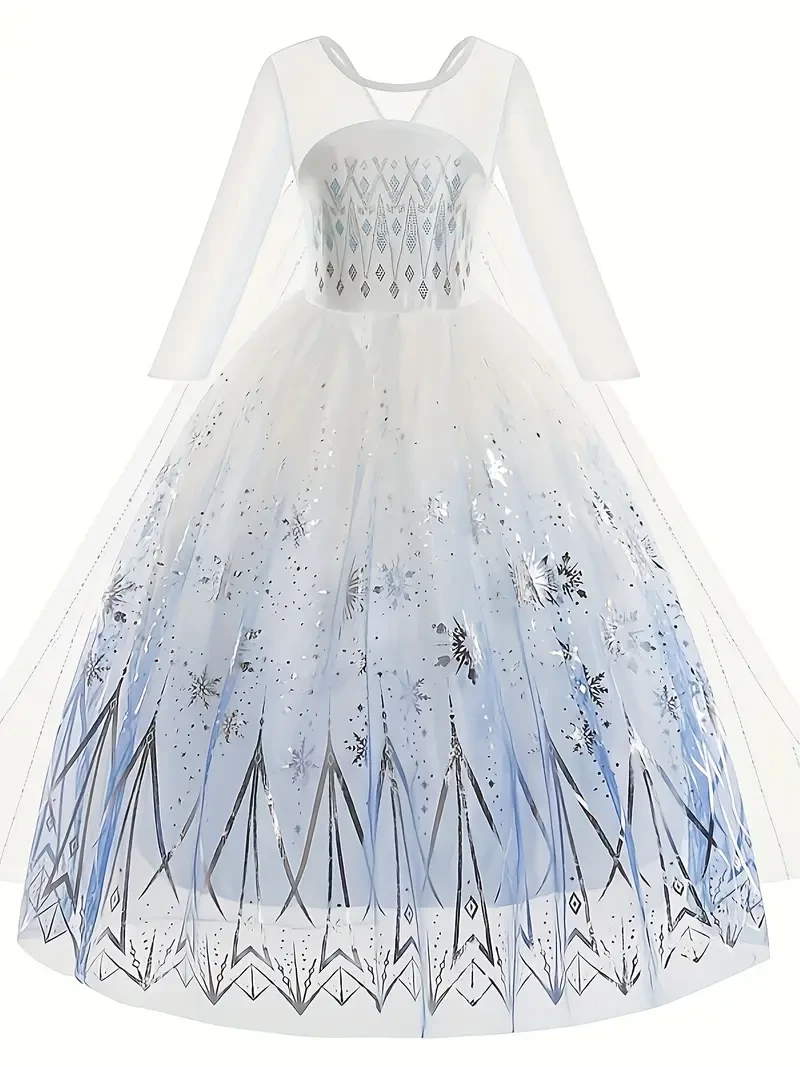 White Ice and Snow Dress for Girls  Themed Princess Gown with Long Sleeve Cape for Parties and Carnivals