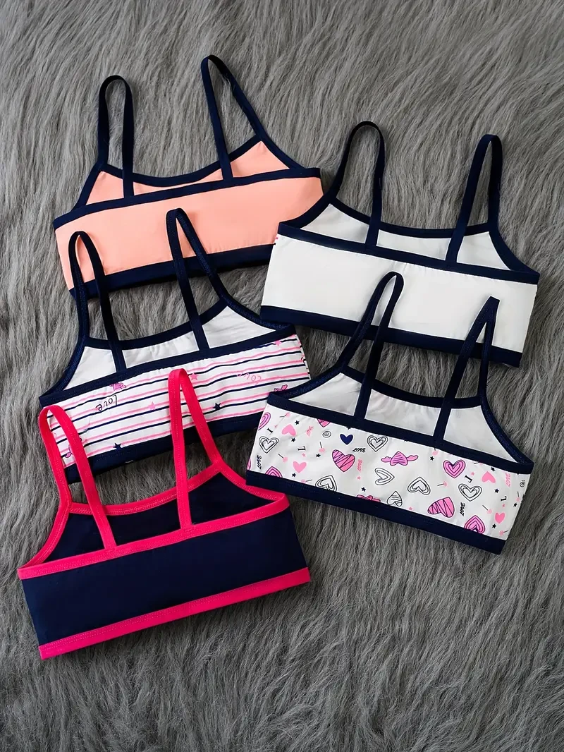 5pcs Girls' Underwear Set  Comfortable and Stylish Heart Print Camisole Tank Tops with Contrast Straps