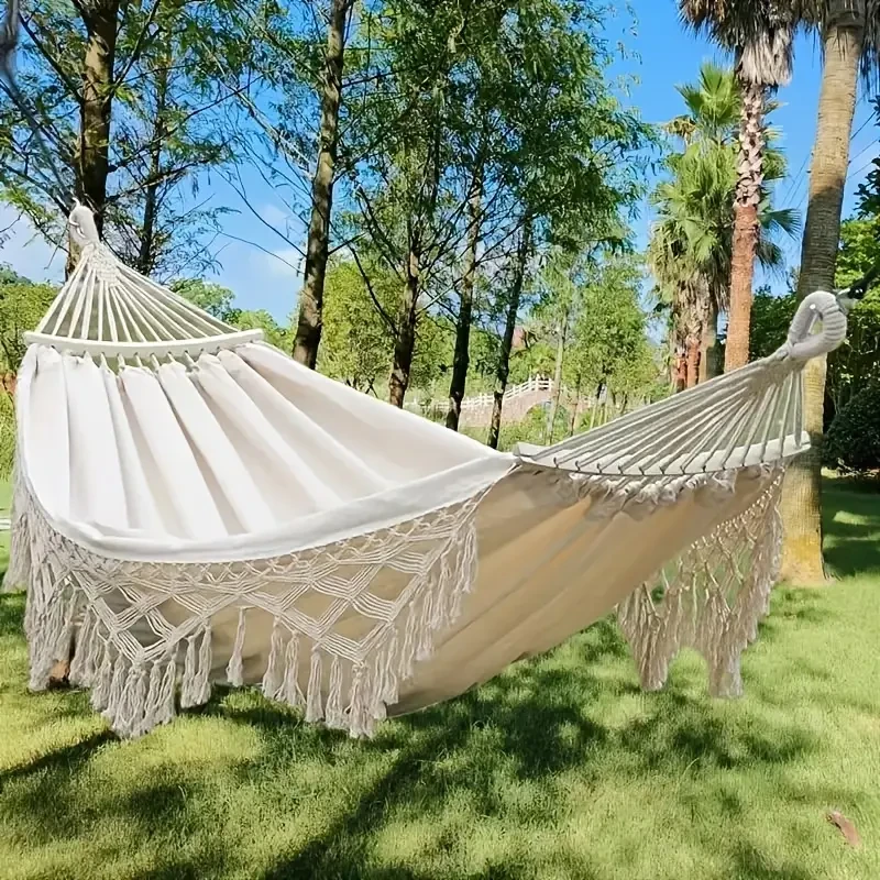 Tusheng Bohemian Style Double Hammock with Tassels Vibrant Red & White Striped Design for Outdoor Relaxation