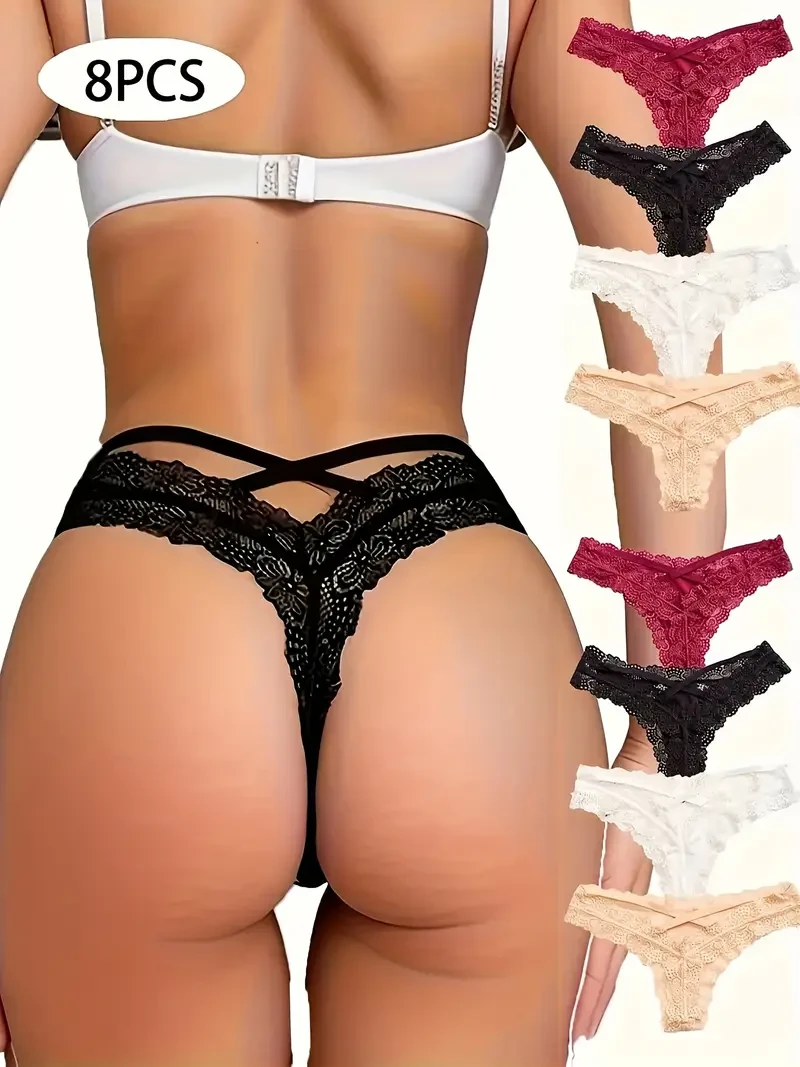8pcs Women's Stretch Lace Cross Hollow Thongs  Soft, Breathable Low-Rise Panties with Bow Accents