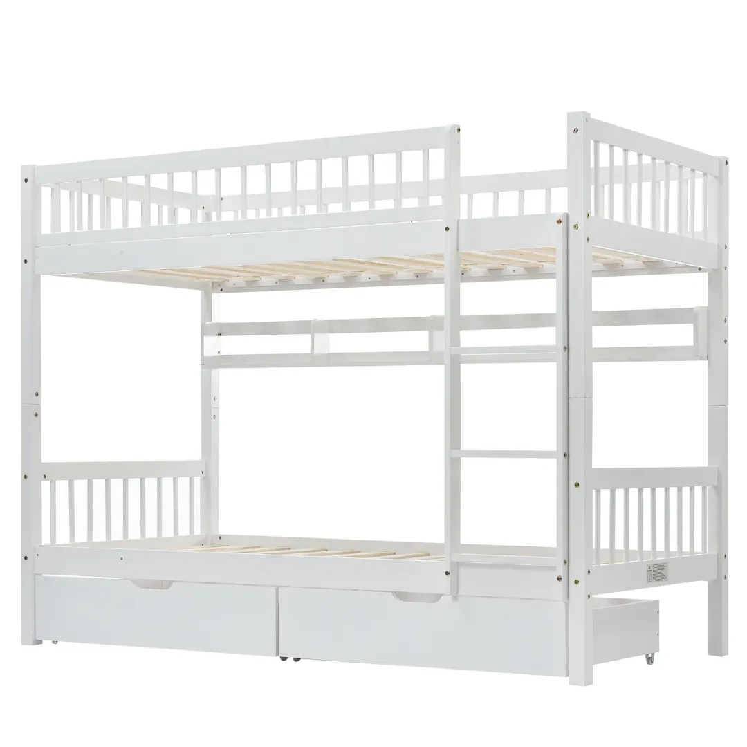 Bunk Bed, Kids Children, 3FT Solid Pine Wood Single Bed Frame & Under Bed Slide Drawer Storage, With Shelf, White 90x190cm
