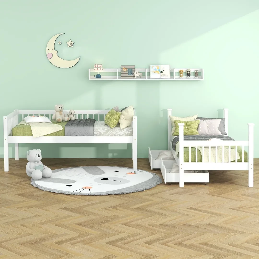 Bunk Bed, Kids Children, 3FT Solid Pine Wood Single Bed Frame & Under Bed Slide Drawer Storage, With Shelf, White 90x190cm