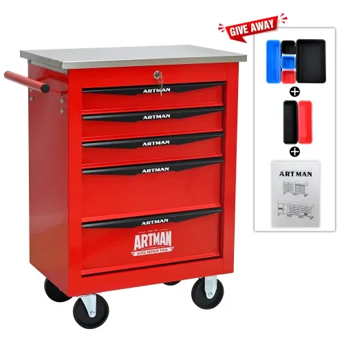 5 Drawers Multifunctional Tool Cart With Wheels,Metal Rolling Tool Cart Storage For Garage Workshop Warehouse Repair Shop--With Stainless Steel Roof--Red Black