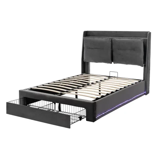 Upholstered Bed, 135x190 4ft6, Double Bed, Hydraulic Bed, 2-in-1 Storage Drawers At The End Of The Bed, Recessed LED Light Strips On Both Sides Of The Bed, Slatted Frame, Velvet,Dark Gray