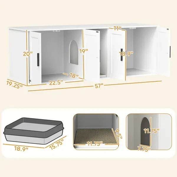 Cat Litter Box Enclosure With Double Room, Scratching Mat For 2 Cats