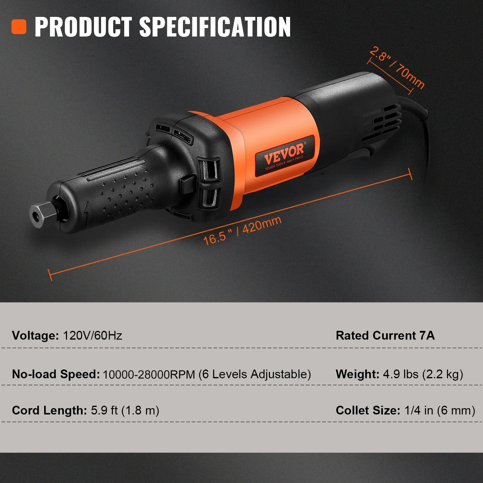 VEVOR Die Grinder, Collet Variable Speed10000-28000RPM, Heavy Duty Electric, Ergonomic Grip For Rust Removal, Grinding, Cutting, Polishing, Welding Repair, Deburring,
