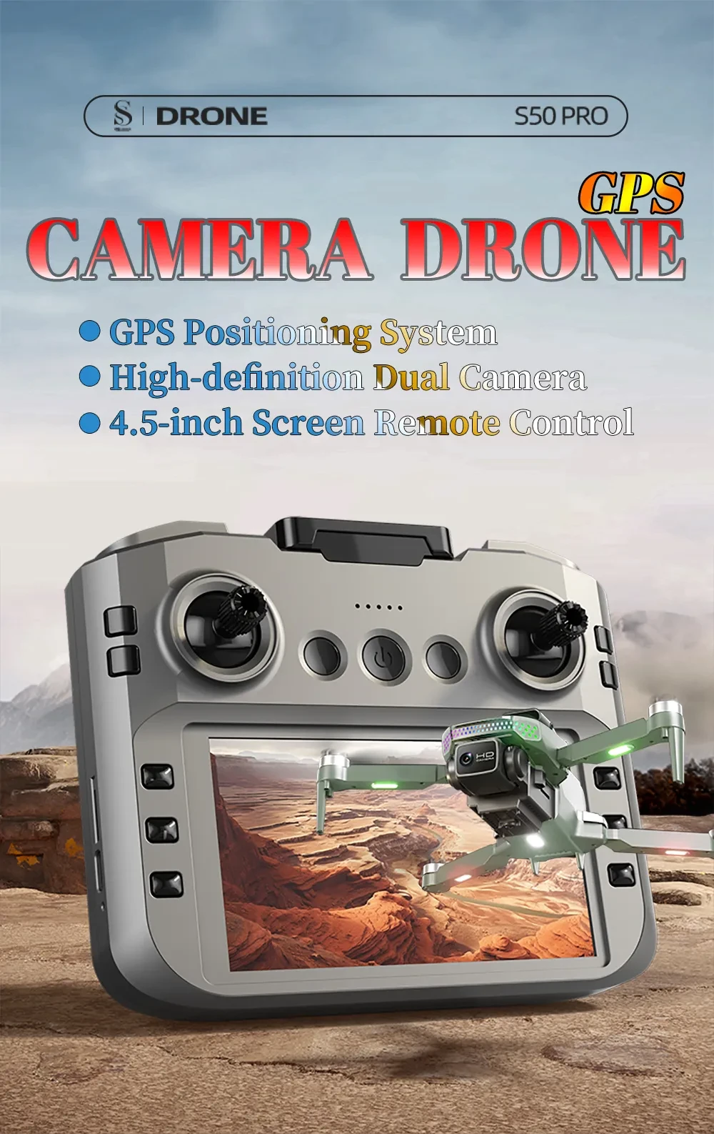S50 PRO GPS Drone With 2 Batteries, 4.5-inch Large Screen Remote, Real-Time HD Camera, Obstacle Avoidance, Extended Flight Time
