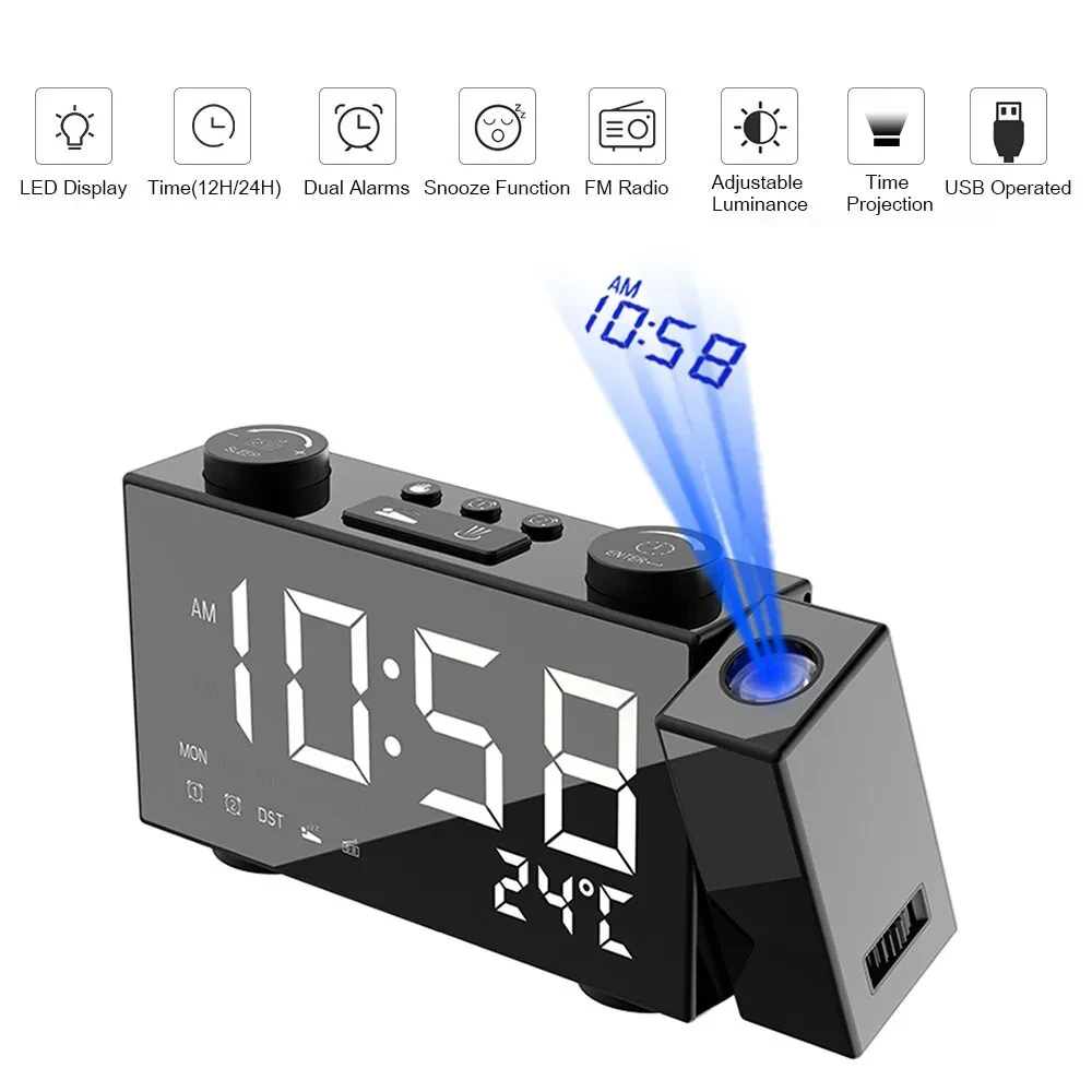 FM Radio Projection Alarm Clock With Digital Display USB Charging Electronic Clock With Temperature Display