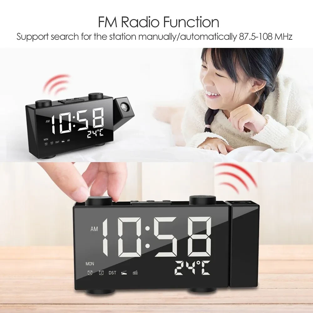 FM Radio Projection Alarm Clock With Digital Display USB Charging Electronic Clock With Temperature Display