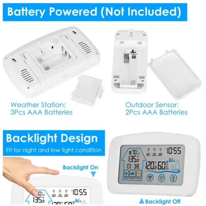 Wireless Weather Station With Clock 196FT Range Indoor And Outdoor Thermometer