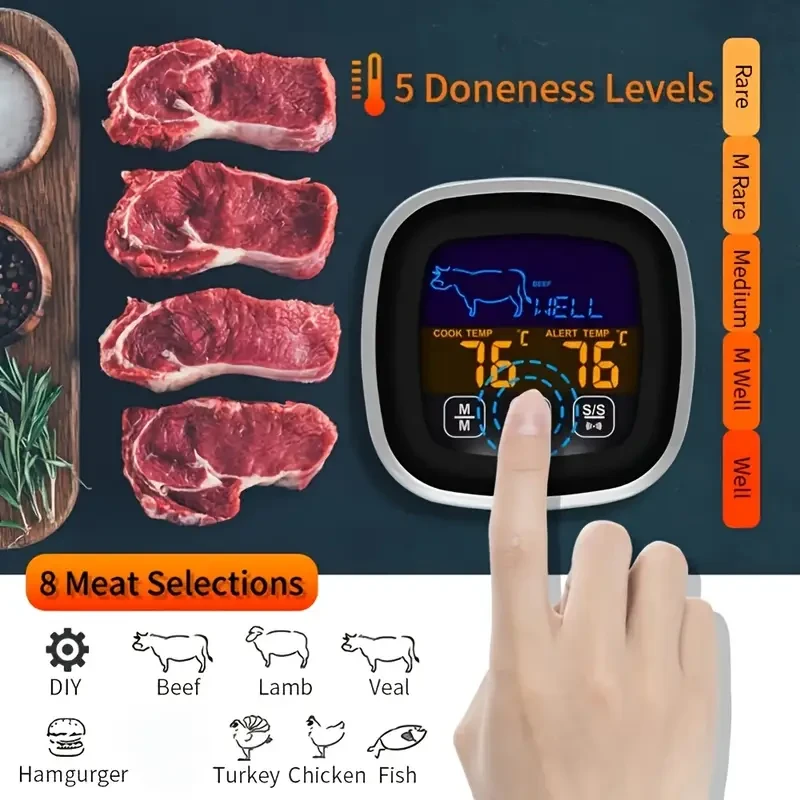 HOTU Digital Meat Thermometer  Precision Cooking with Touch Screen & Timer