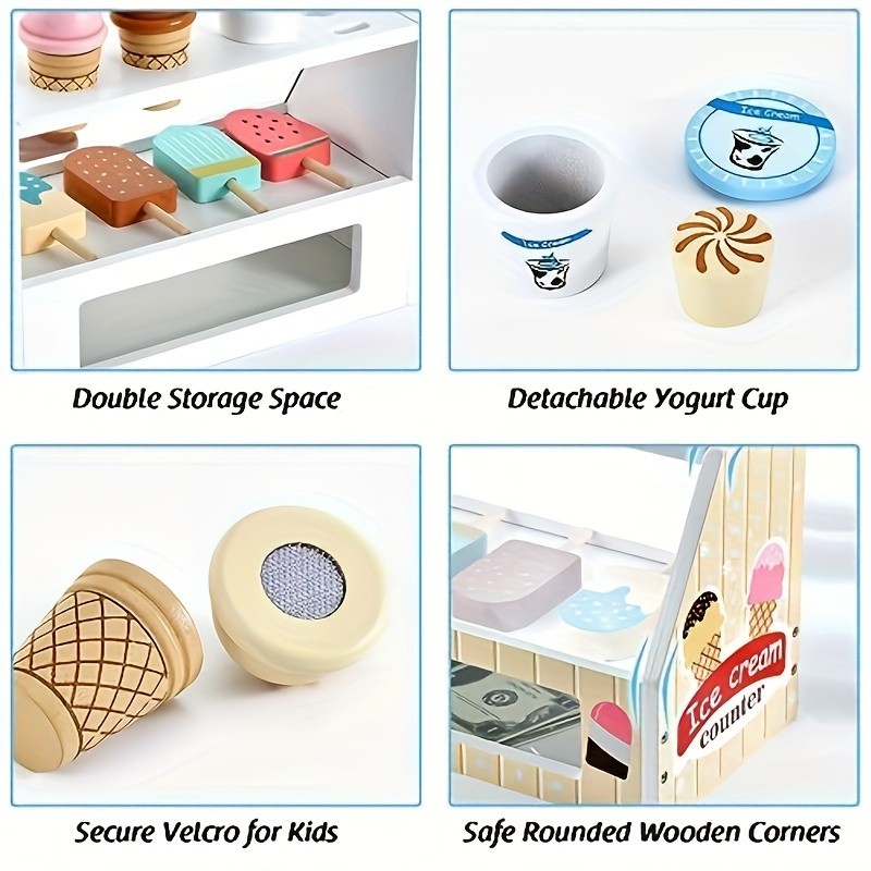 GENAI Ice Cream Counter Playset for Kids  Wooden Pretend Play Ice Cream Shop Fun