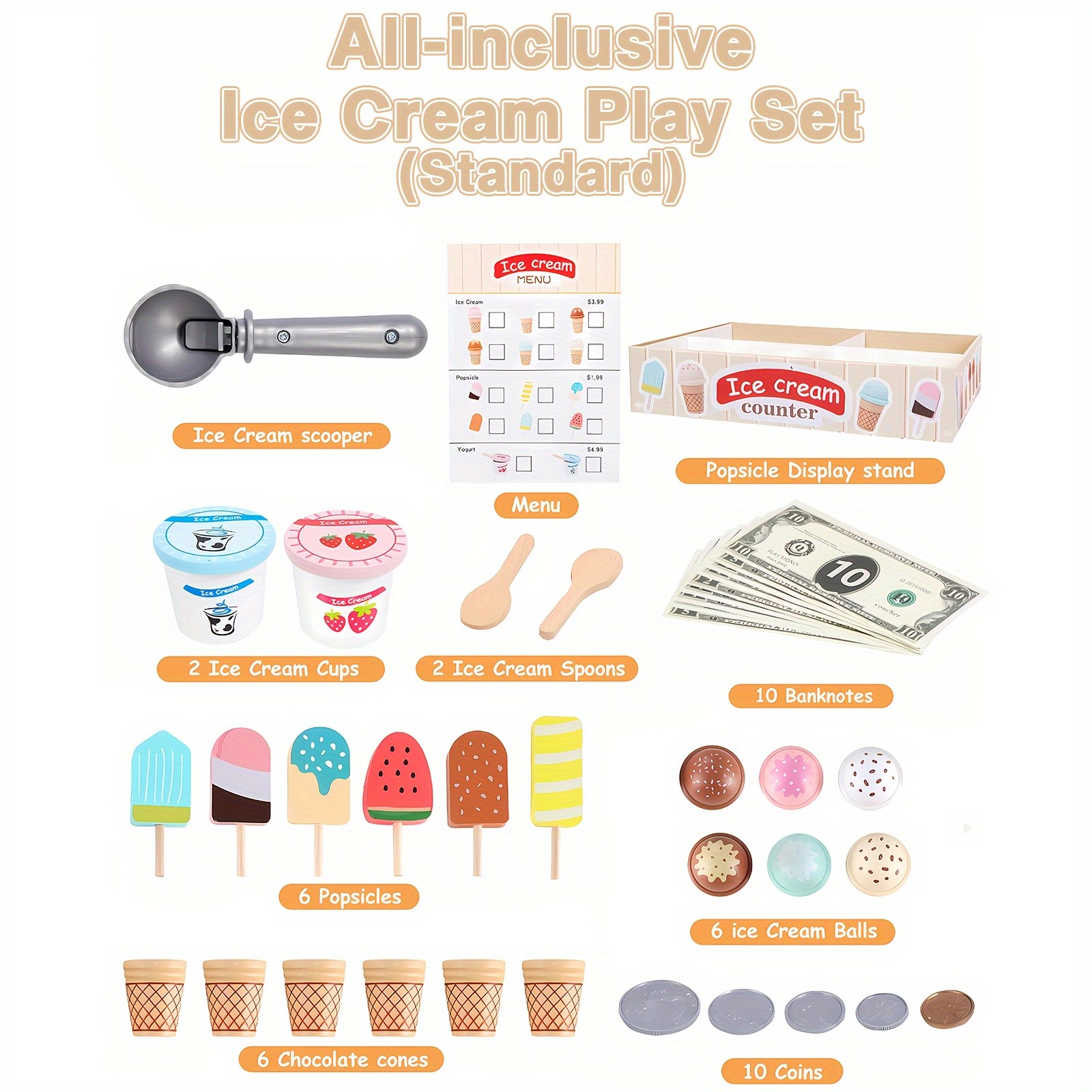 GENAI Ice Cream Counter Playset for Kids  Wooden Pretend Play Ice Cream Shop Fun