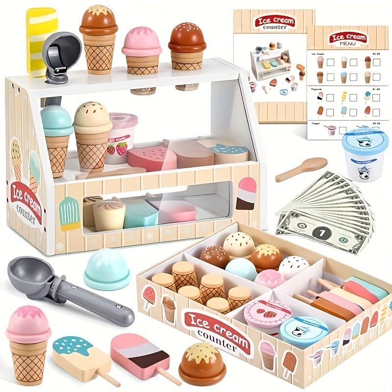 GENAI Ice Cream Counter Playset for Kids  Wooden Pretend Play Ice Cream Shop Fun
