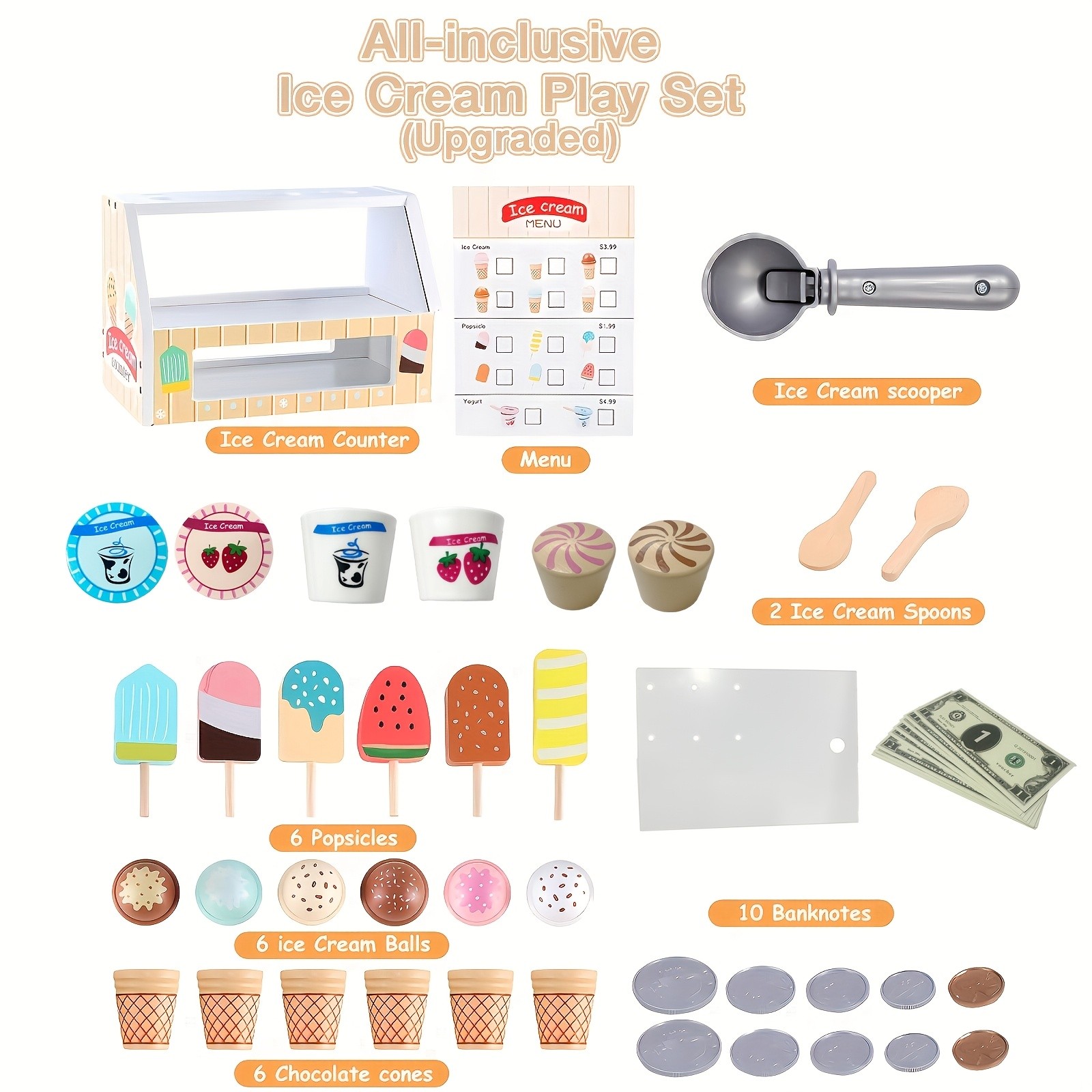 GENAI Ice Cream Counter Playset for Kids  Wooden Pretend Play Ice Cream Shop Fun