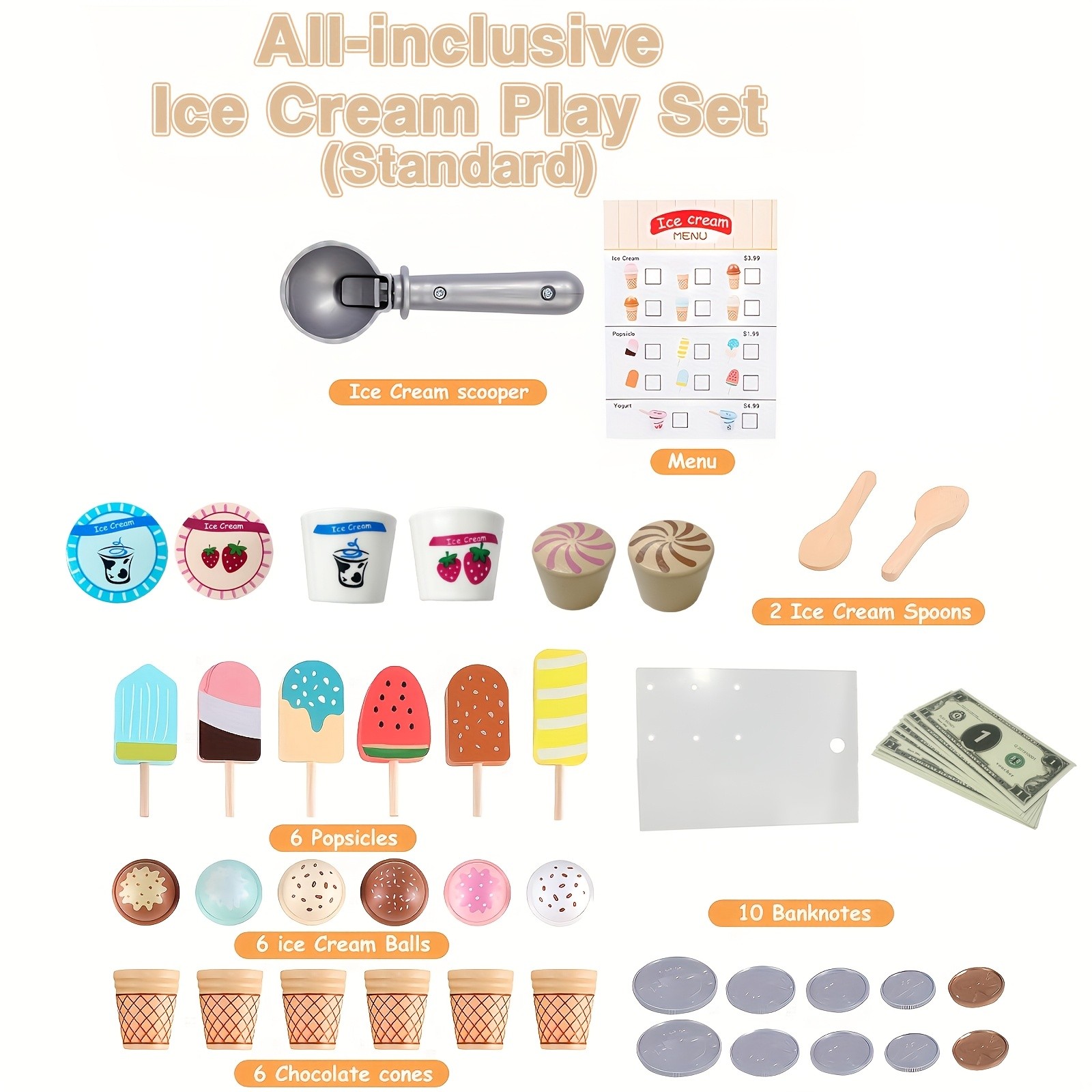 GENAI Ice Cream Counter Playset for Kids  Wooden Pretend Play Ice Cream Shop Fun