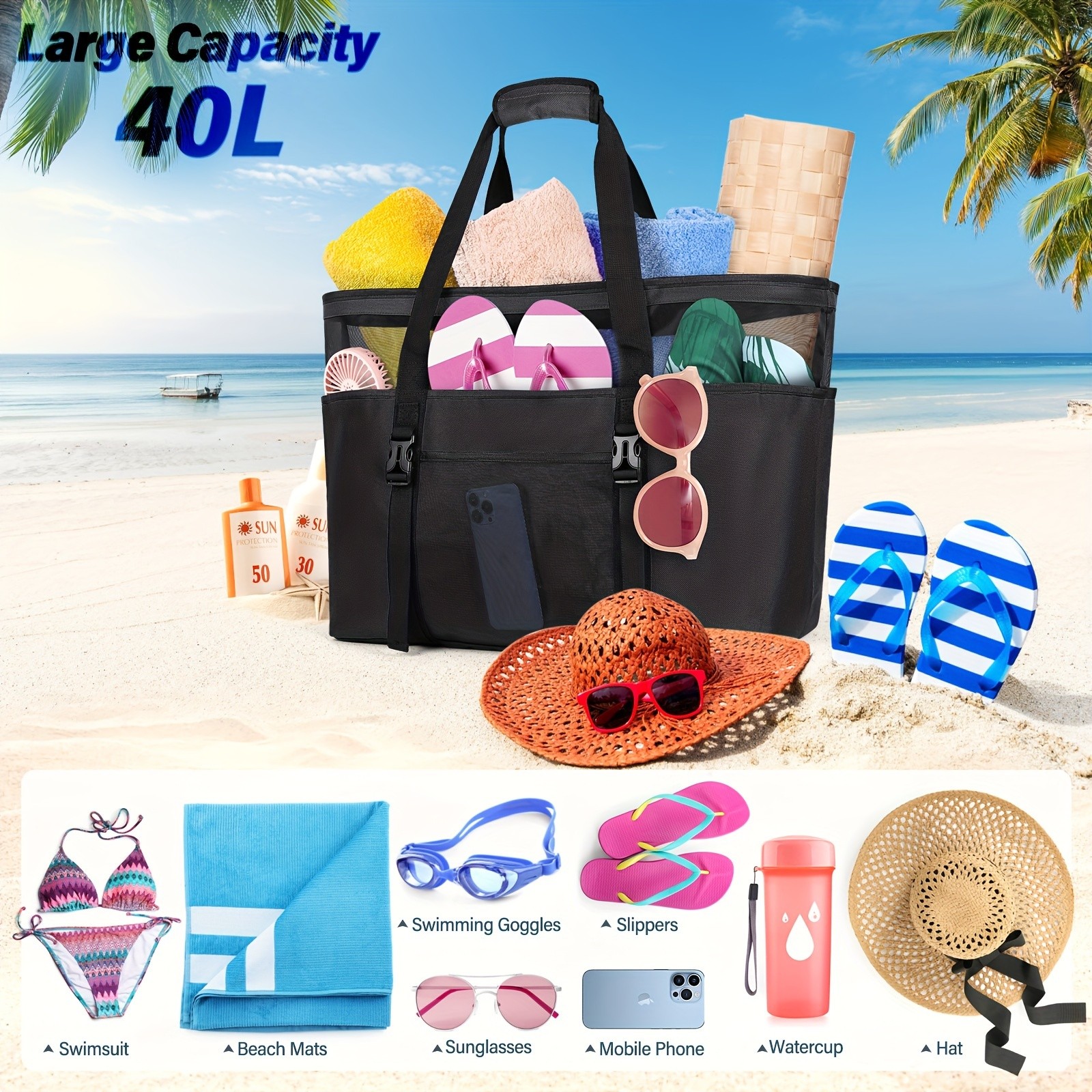 RAINSMORE Large Capacity Beach Tote Spacious, Durable & Perfect for Family Beach Adventures