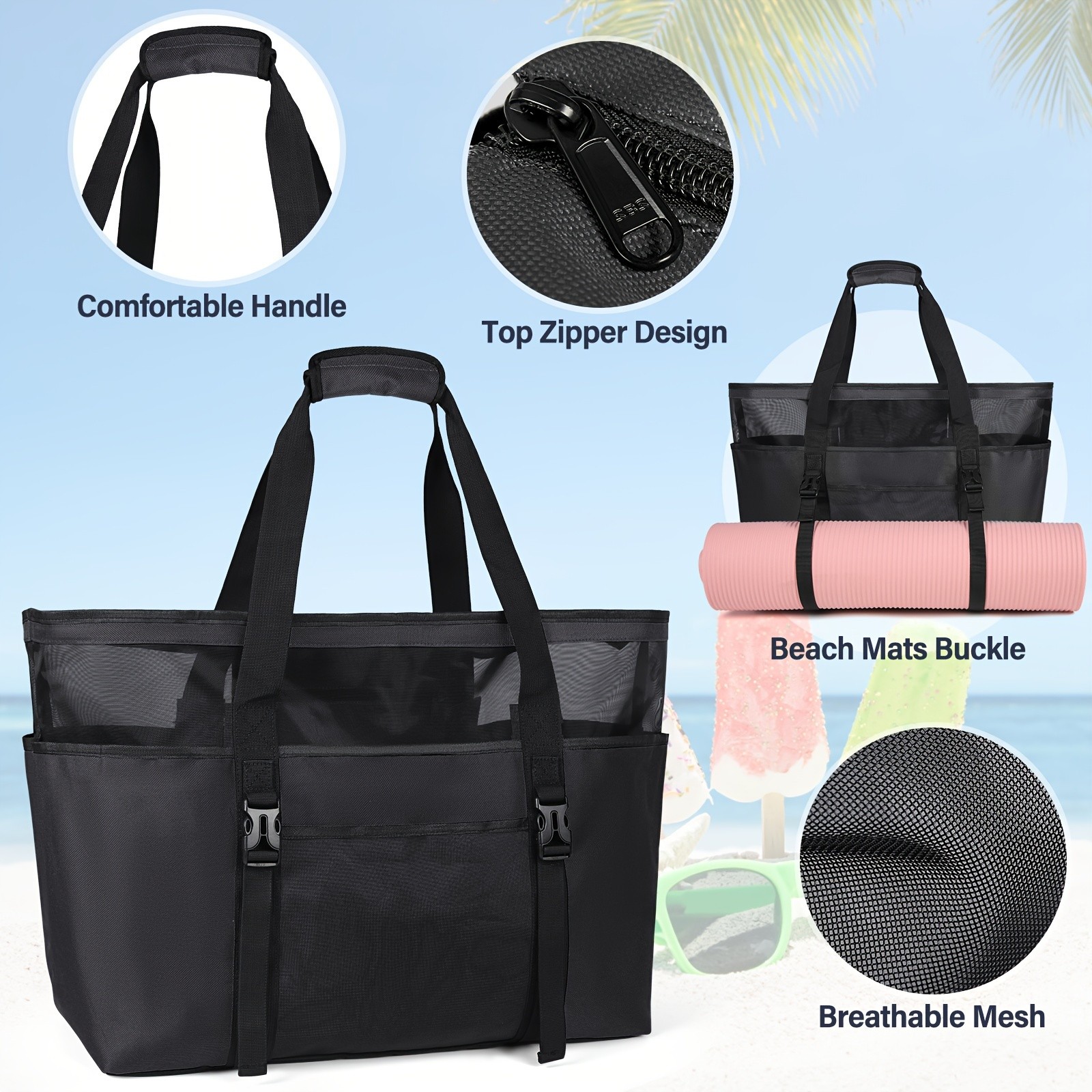 RAINSMORE Large Capacity Beach Tote Spacious, Durable & Perfect for Family Beach Adventures
