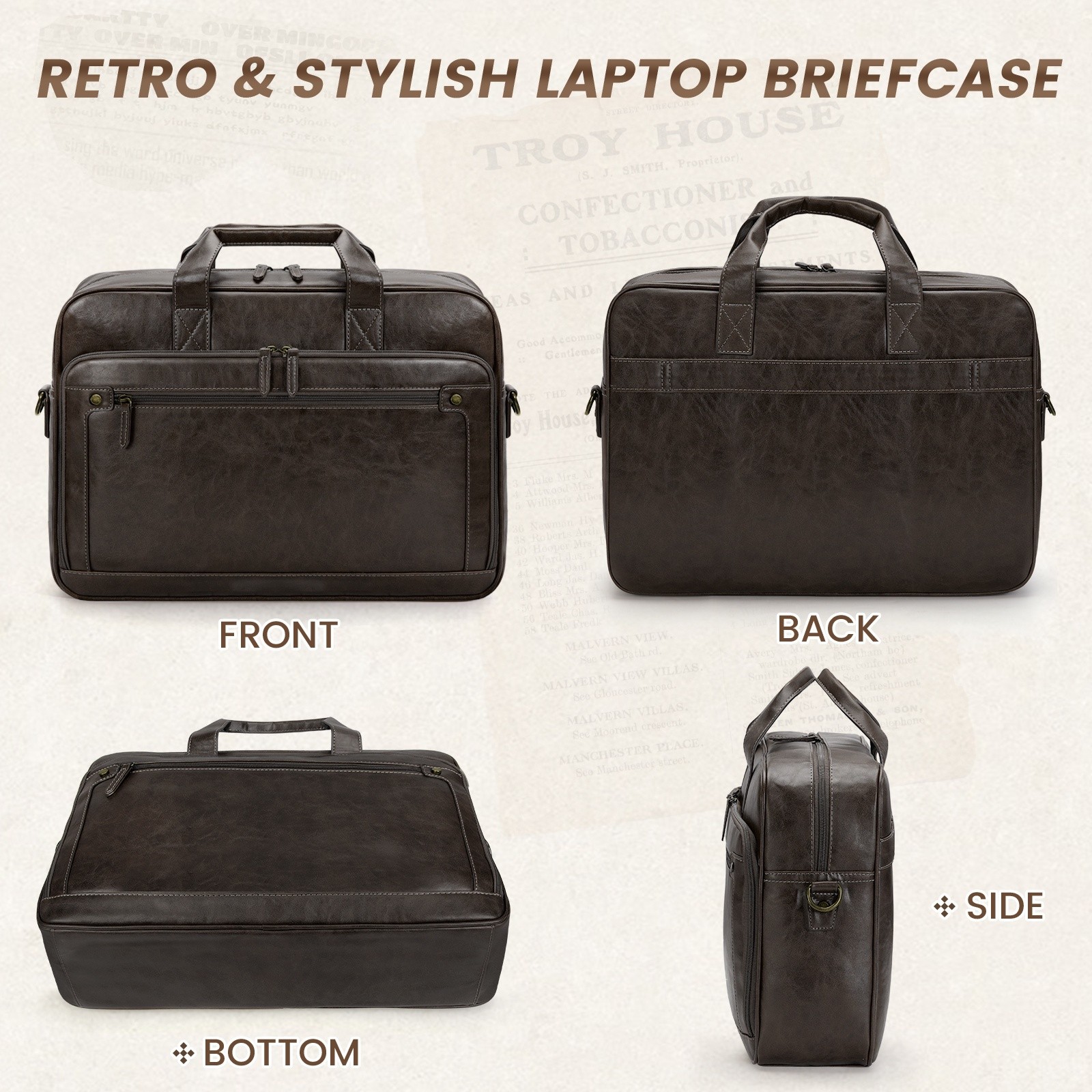 RAINSMORE Mens 16-Inch Laptop Bag  Retro PU Leather Briefcase for Work, Business & Travel