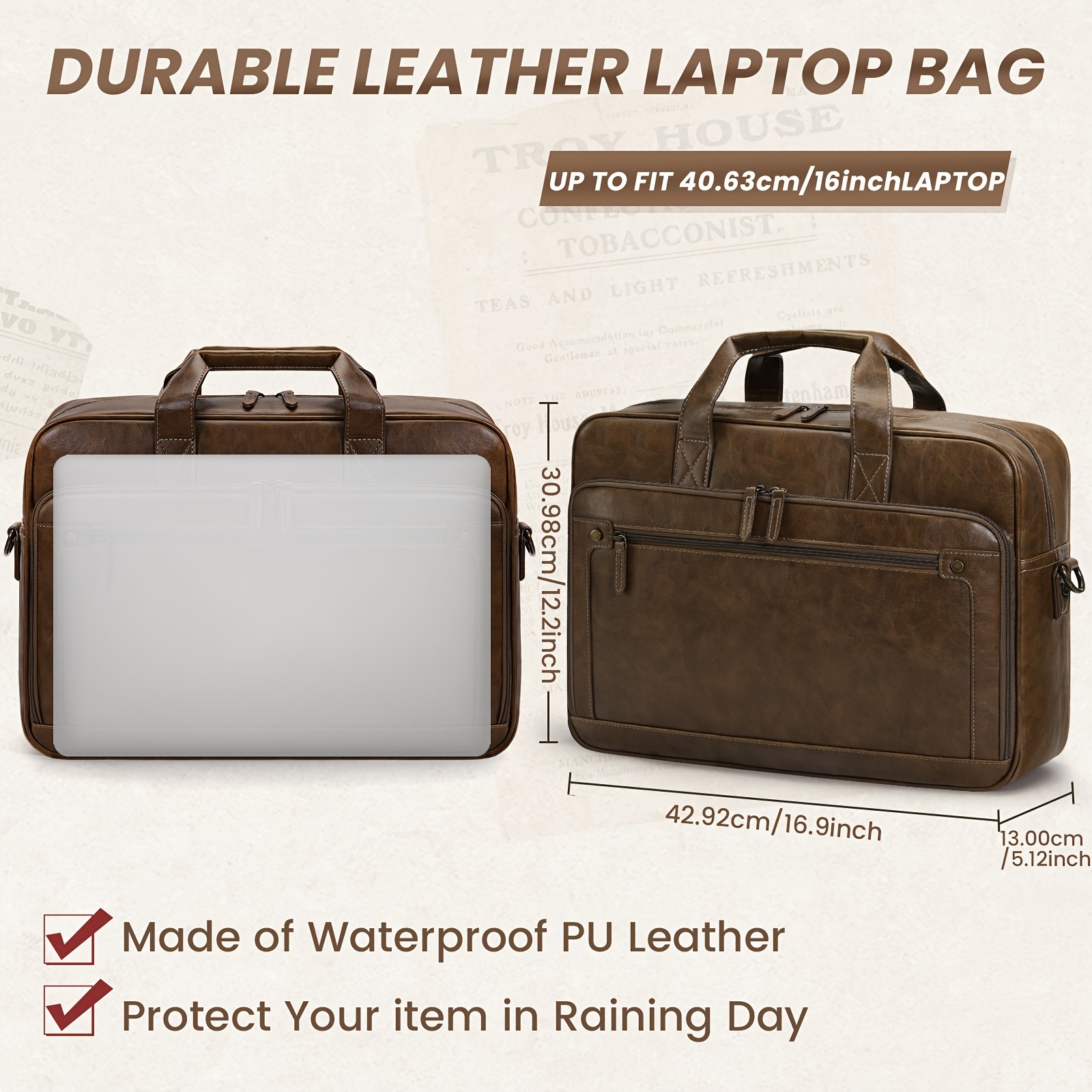 RAINSMORE Mens 16-Inch Laptop Bag  Retro PU Leather Briefcase for Work, Business & Travel