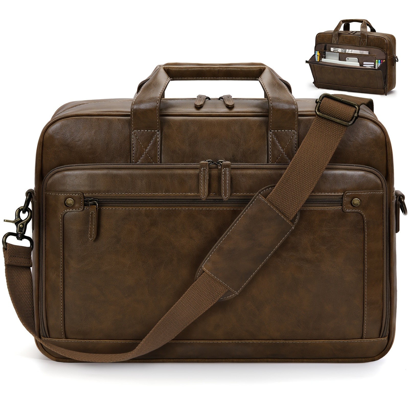 RAINSMORE Mens 16-Inch Laptop Bag  Retro PU Leather Briefcase for Work, Business & Travel