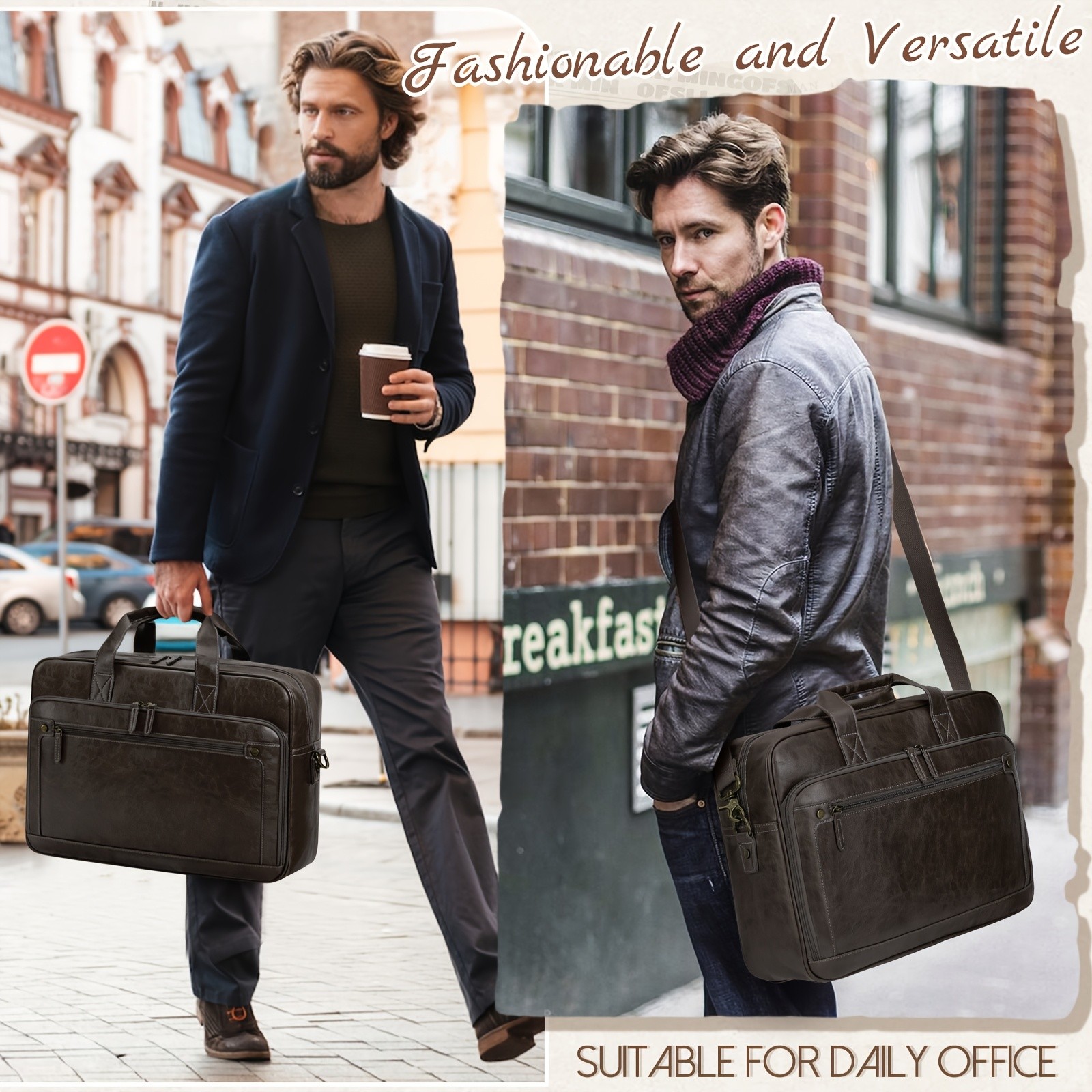 RAINSMORE Mens 16-Inch Laptop Bag  Retro PU Leather Briefcase for Work, Business & Travel