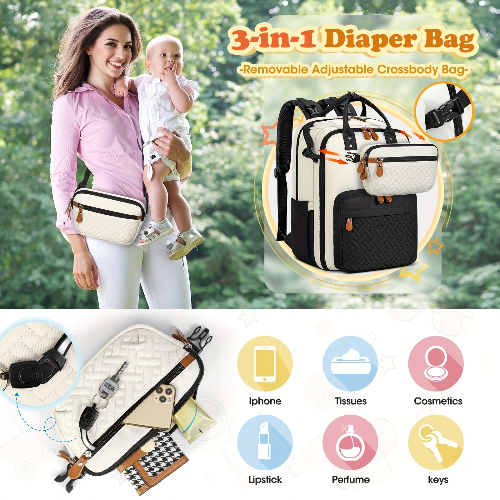 RAINSMORE Detachable Crossbody & Diaper Backpack  Playful Cartoon Bear Design for Modern Kiwi Parents