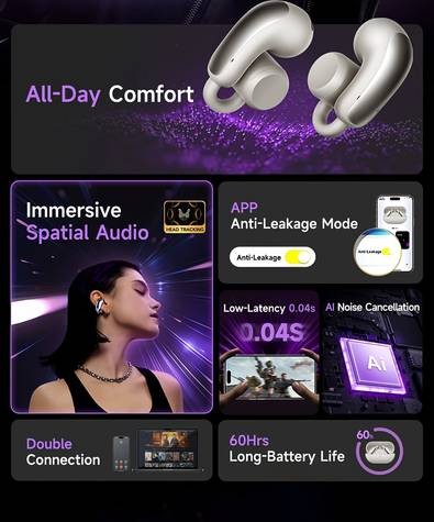 Picun W3 OWS Wireless Headphones  60H Power, 3D Surround Sound & Lightweight Open-Wear Comfort