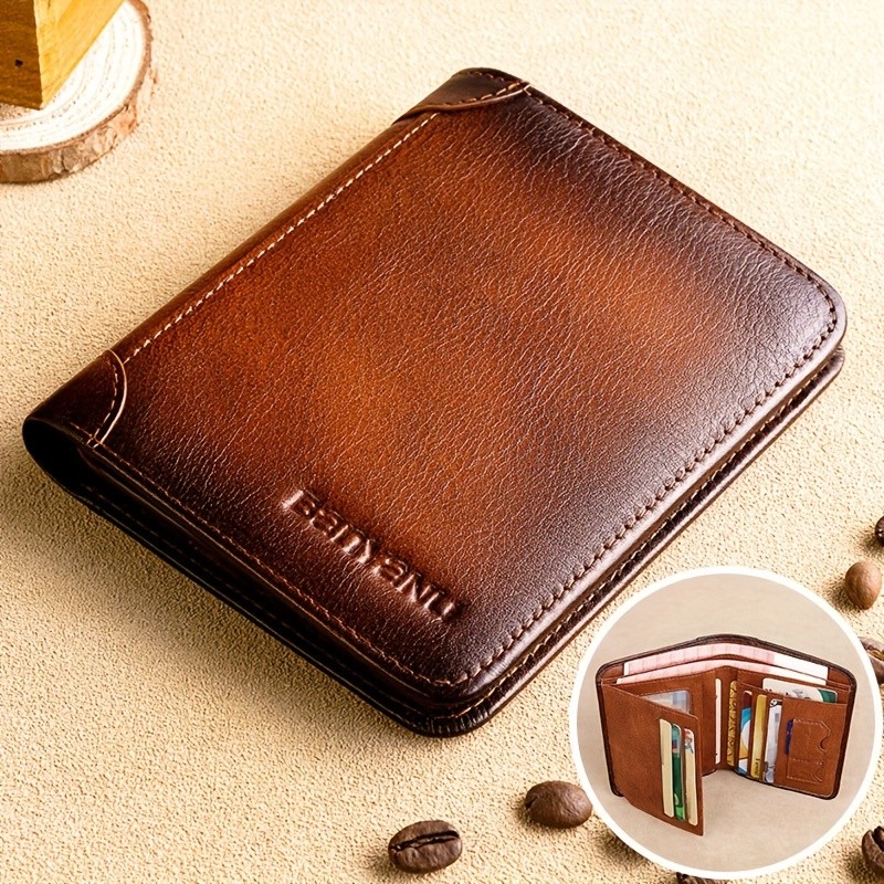 BANYANU Mens Genuine Leather Short Wallet  Brown Three-Fold Casual Wallet with Multi-Card Holder & Anti-Theft Protection