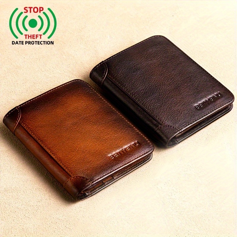 BANYANU Mens Genuine Leather Short Wallet  Brown Three-Fold Casual Wallet with Multi-Card Holder & Anti-Theft Protection