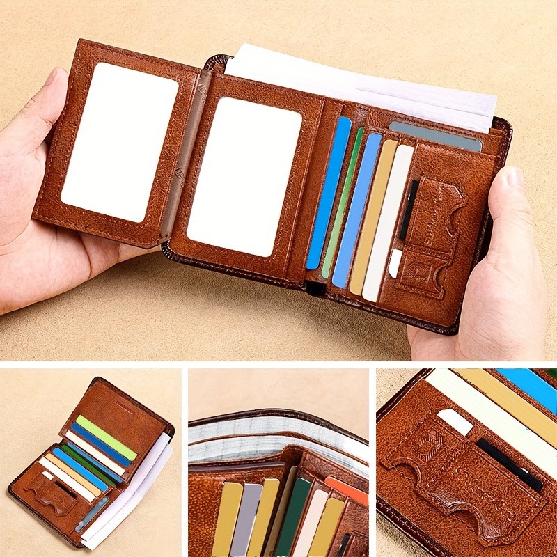 BANYANU Mens Genuine Leather Short Wallet  Brown Three-Fold Casual Wallet with Multi-Card Holder & Anti-Theft Protection
