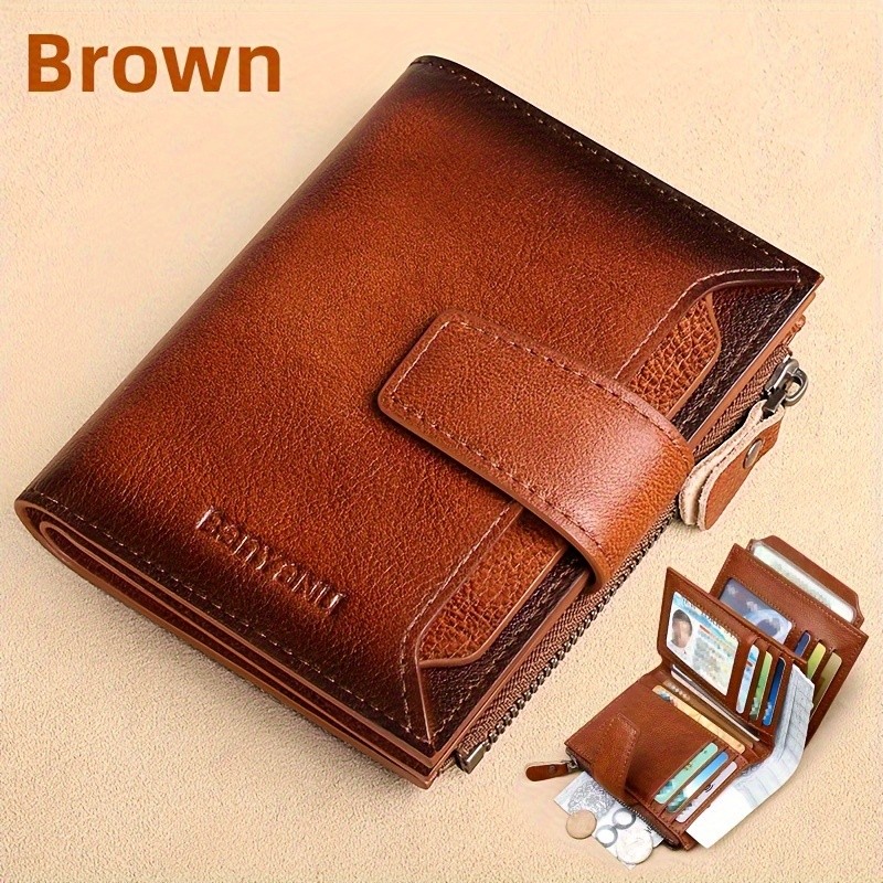BANYANU Mens Genuine Leather Wallet Slim Vertical RFID-Blocking Wallet with Zipper Closure & Multi-Card Storage