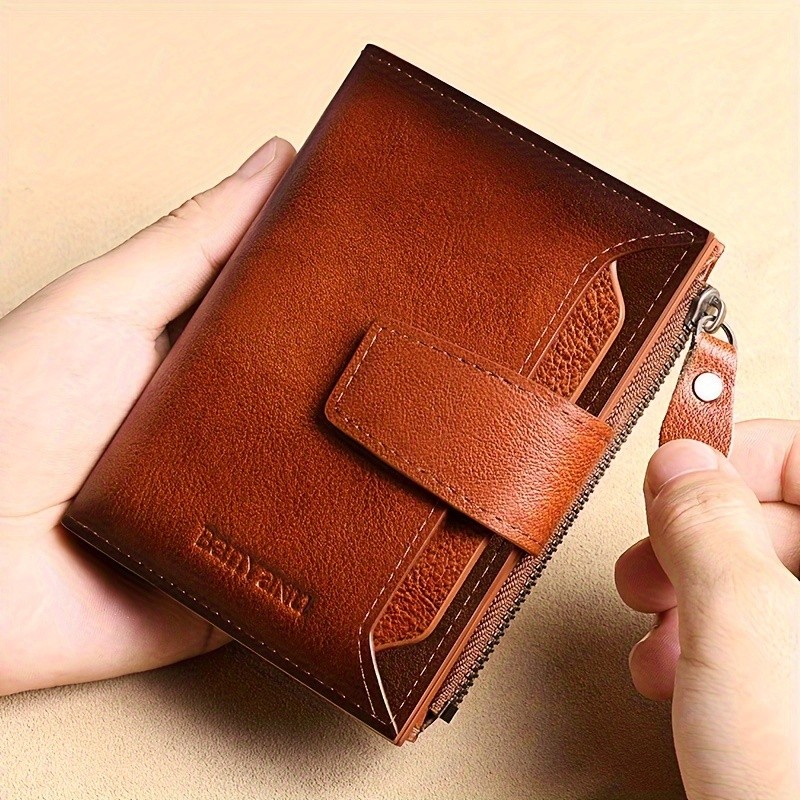BANYANU Mens Genuine Leather Wallet Slim Vertical RFID-Blocking Wallet with Zipper Closure & Multi-Card Storage