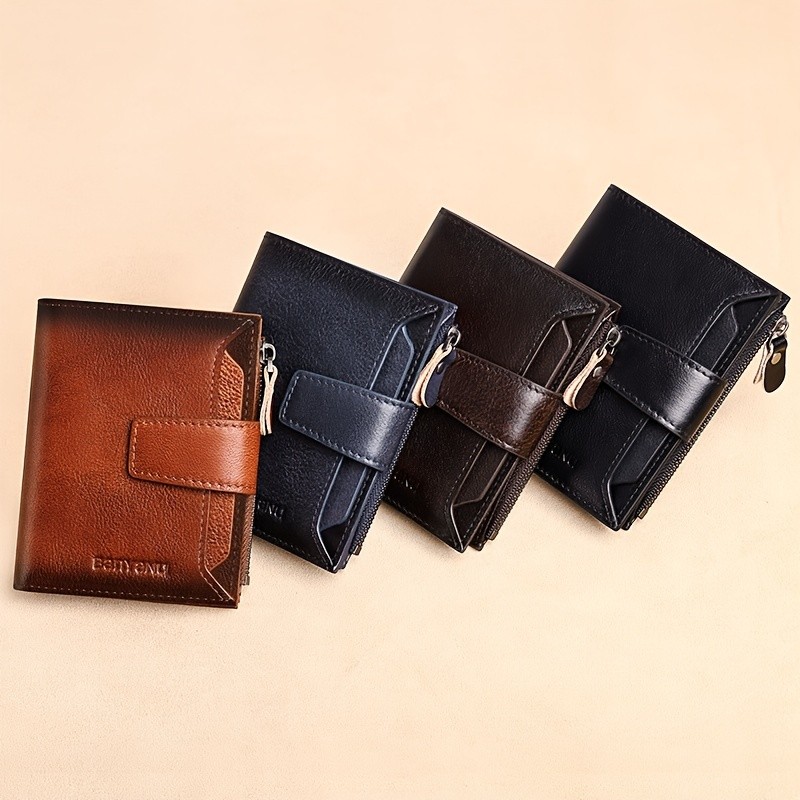 BANYANU Mens Genuine Leather Wallet Slim Vertical RFID-Blocking Wallet with Zipper Closure & Multi-Card Storage